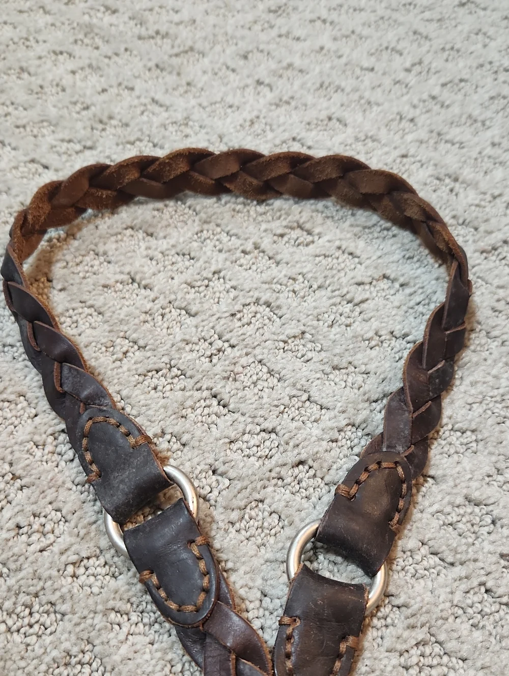 Braided Brown Leather Belt With Silver Tone Buckle & Harness Style Rings Large